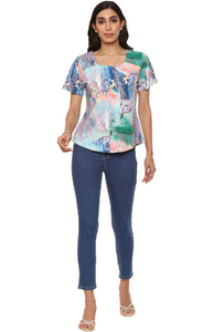 Parsley Short Sleeve Square Neck Abstract Print Top