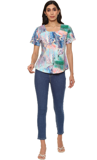 Parsley Short Sleeve Square Neck Abstract Print Top