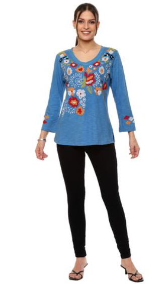 Parsley V Neck 3/4 Sleeve Embroidered Top