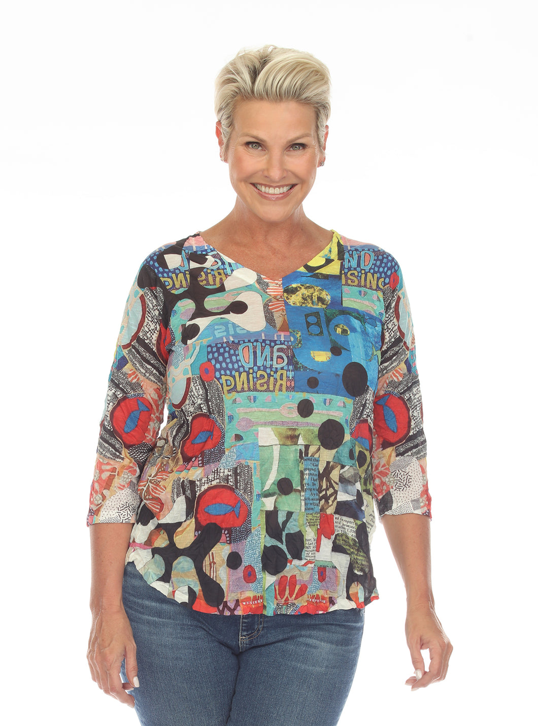Inoah 3/4 Sleeve V Neck Crinkle Top