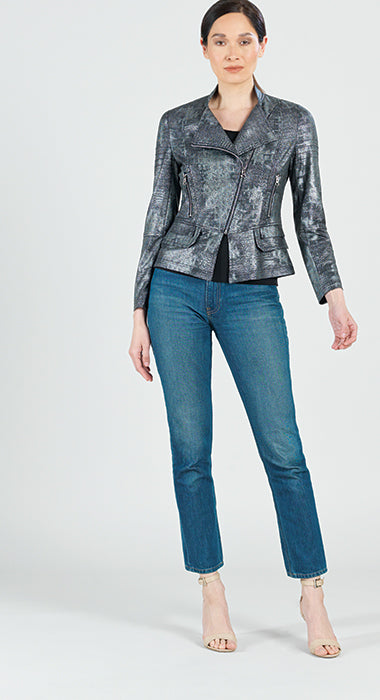 Clara Liquid Shimmer Stretch Knit Biker Jacket