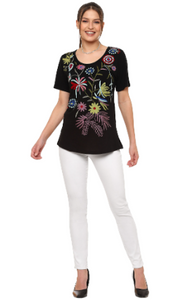 Parsley Short Sleeve Embroidered Flowers Knit Top